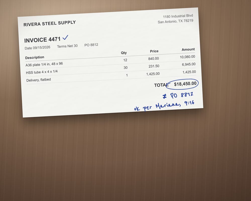 Photo of invoice 4471 from Rivera Steel Supply for $18,450.00. Handwritten notes say the total doesn't match purchase order 8812 and that Mariana confirmed it at 9:16.